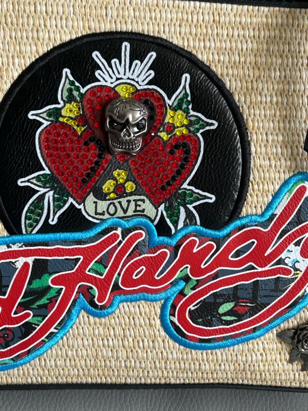 Ed Hardy Straw Tote Bag Hearts Skull Tattoo Y2K Summer Beach Shoulder Purse - Picture 7 of 10